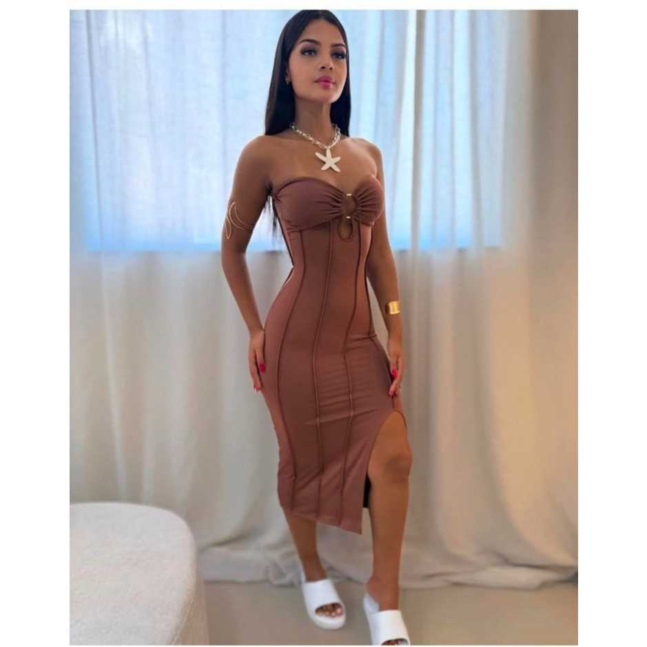 Vestido Feminino Drapeado com Argola no Decote- Moda Gringa