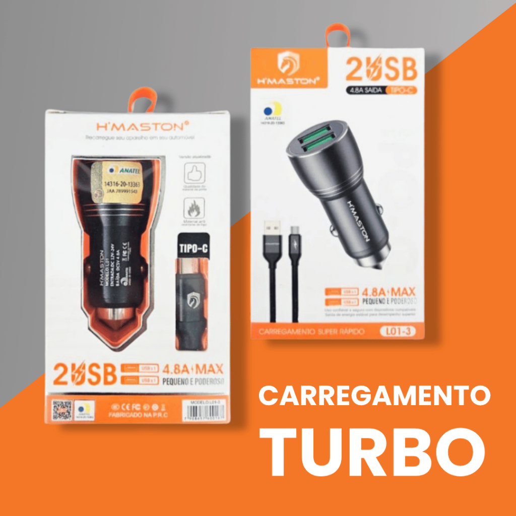 Carregador de Carro Veicular para Celular 2 Usb 3.1A com Cabo V8 [ Tipo C ] Hmaston L04