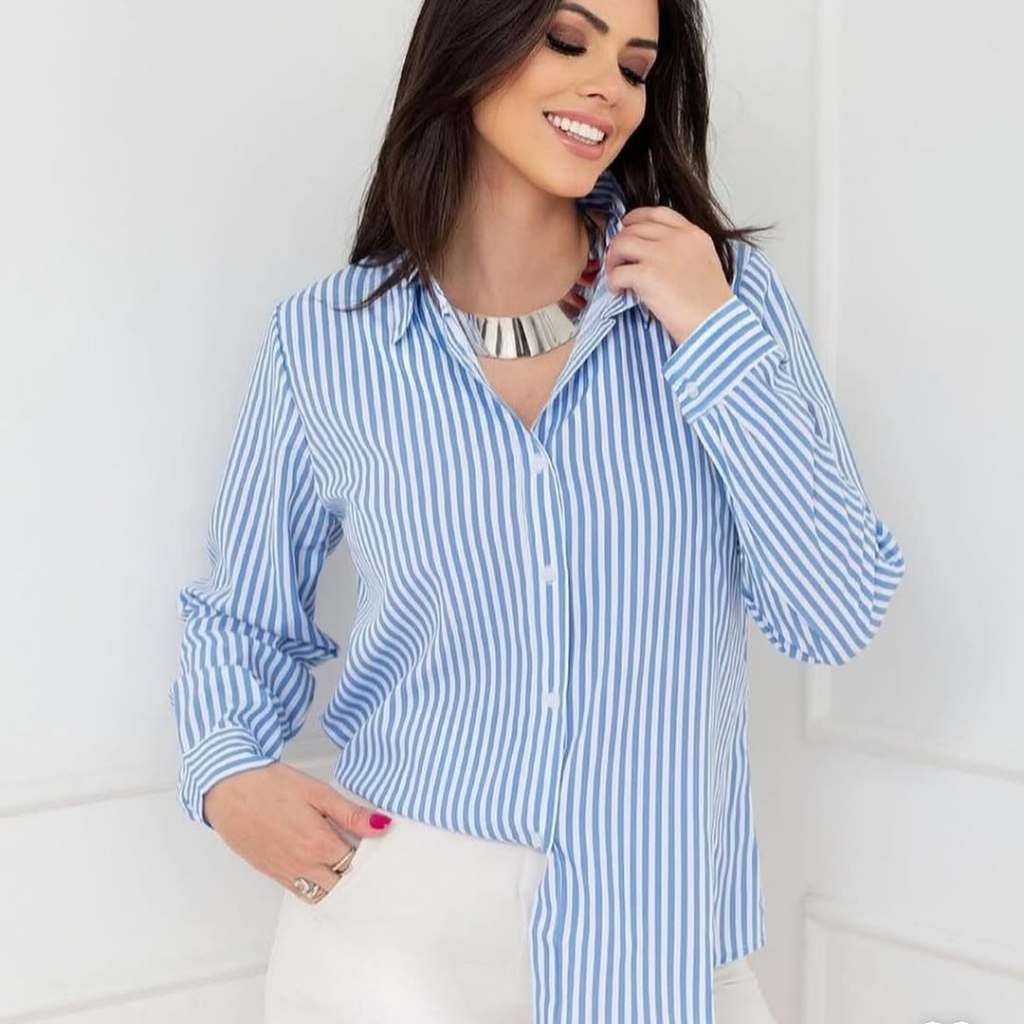 Camisa Listrada Feminina Tecido Duna – Elegante e Confortável- Camisa Elegante Para Trabalho