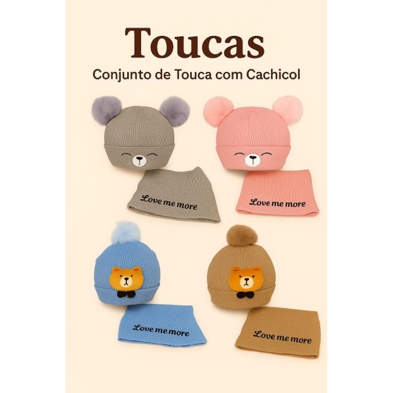 🧣 Conjunto Touca Infantil com Cachecol – Gorro Quentinho, Fofo e Unissex | Inverno Estiloso e Confortável! ❄️🐻
