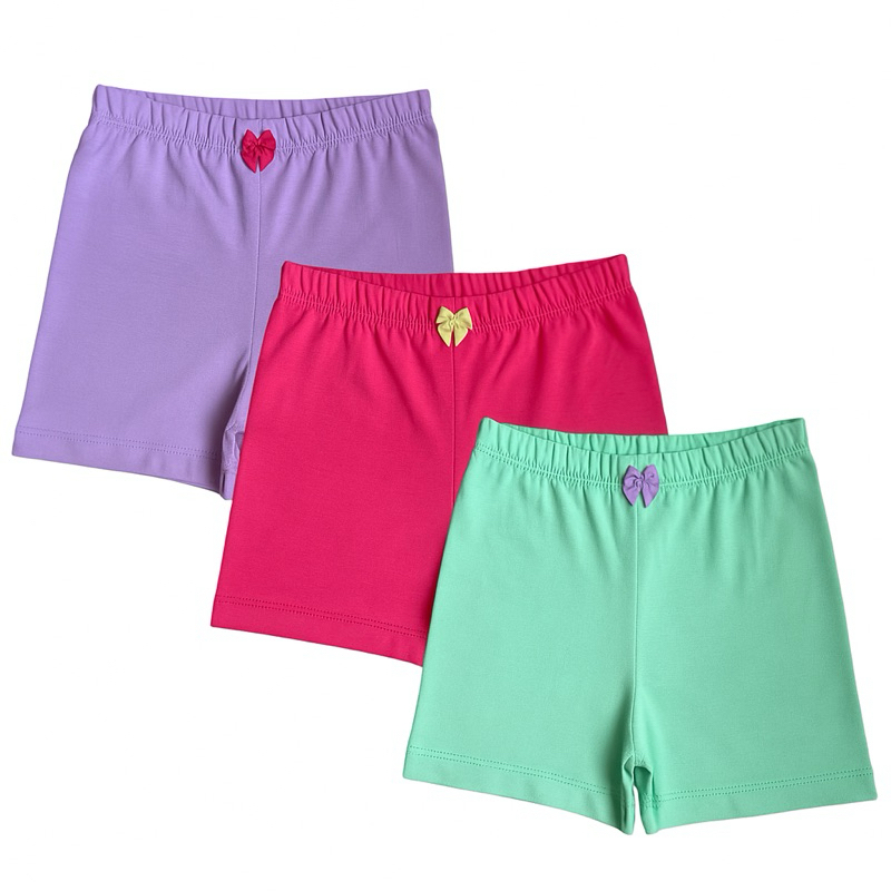 KIT SORTIDO 3 Shortinho Para Usar Com Vestido Cotton Algodão Detalhe Laço Cores Lisas Sortidas 2 a 12 Anos (0063)