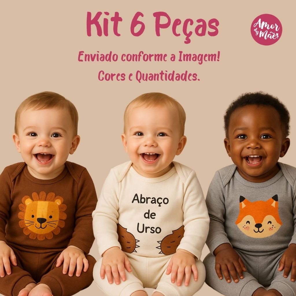 kit 6,8,10 peças calça mijão e body manga longa infantil bebe masculino, Roupa para Bebe Algodão