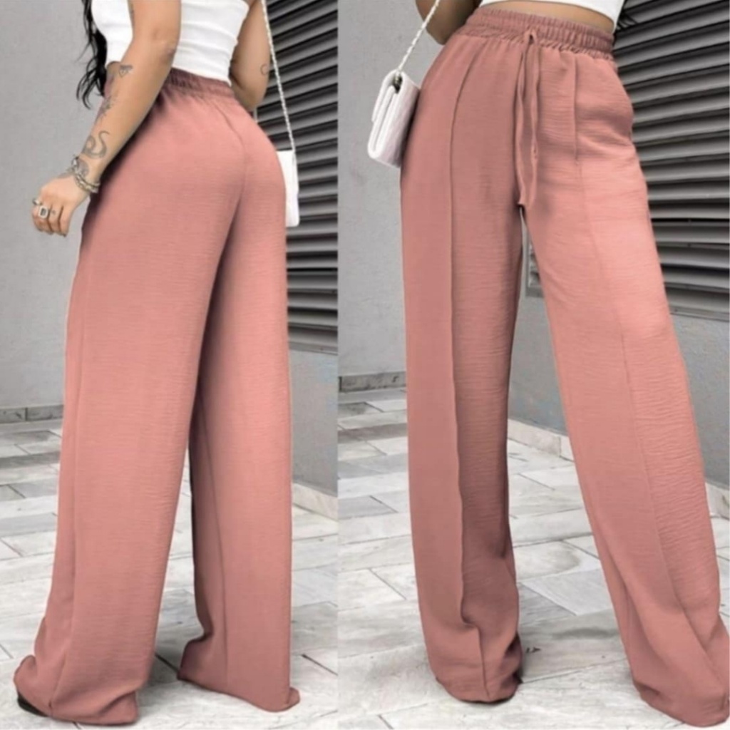 Calça Feminina Pantalona Wide Duna com Bolso Cintura Alta com Elástico Tendência estiloso
