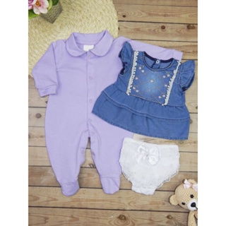 Macacão Bebê Vestido Jeans Bordado Kit Manu em Oferta na Shopee