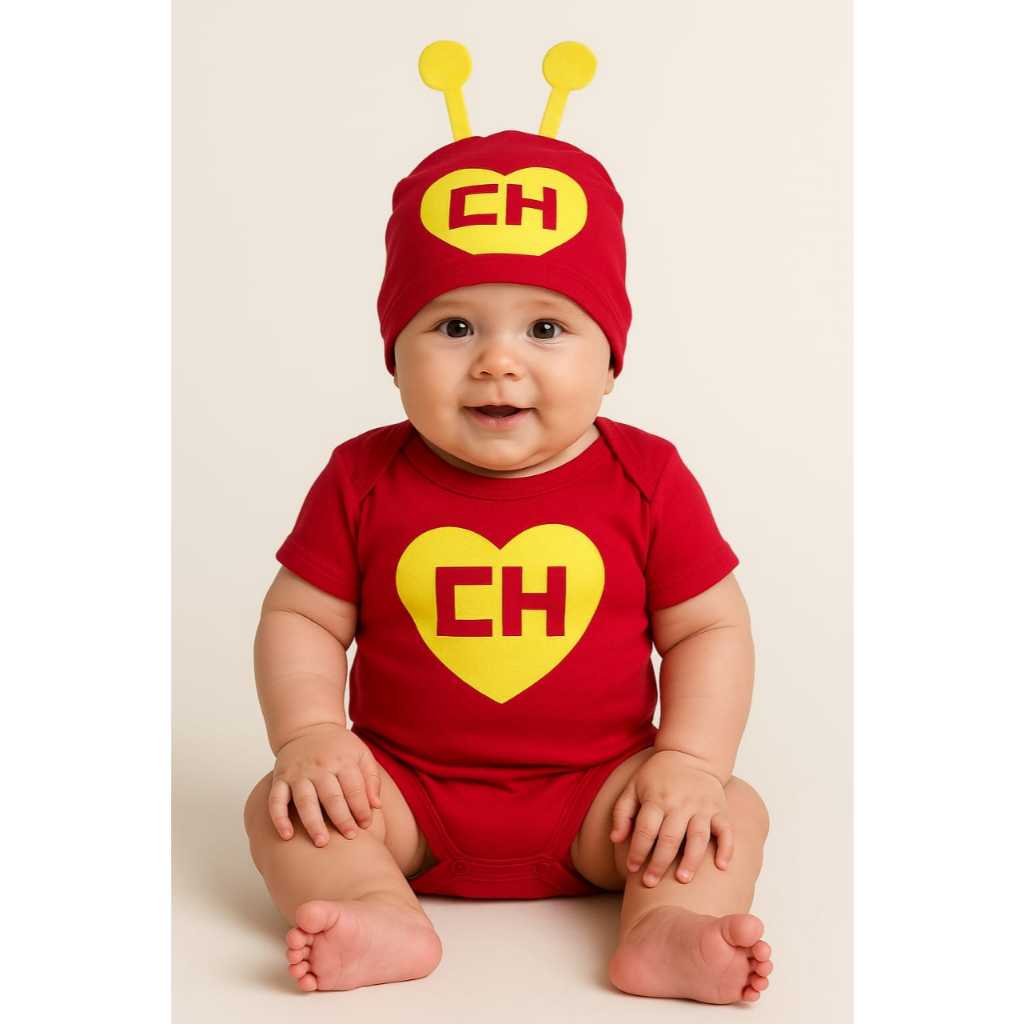 Body Bebê Temático Mesversário com Touca chapolin- 100% Algodão - Kit 2 Peças