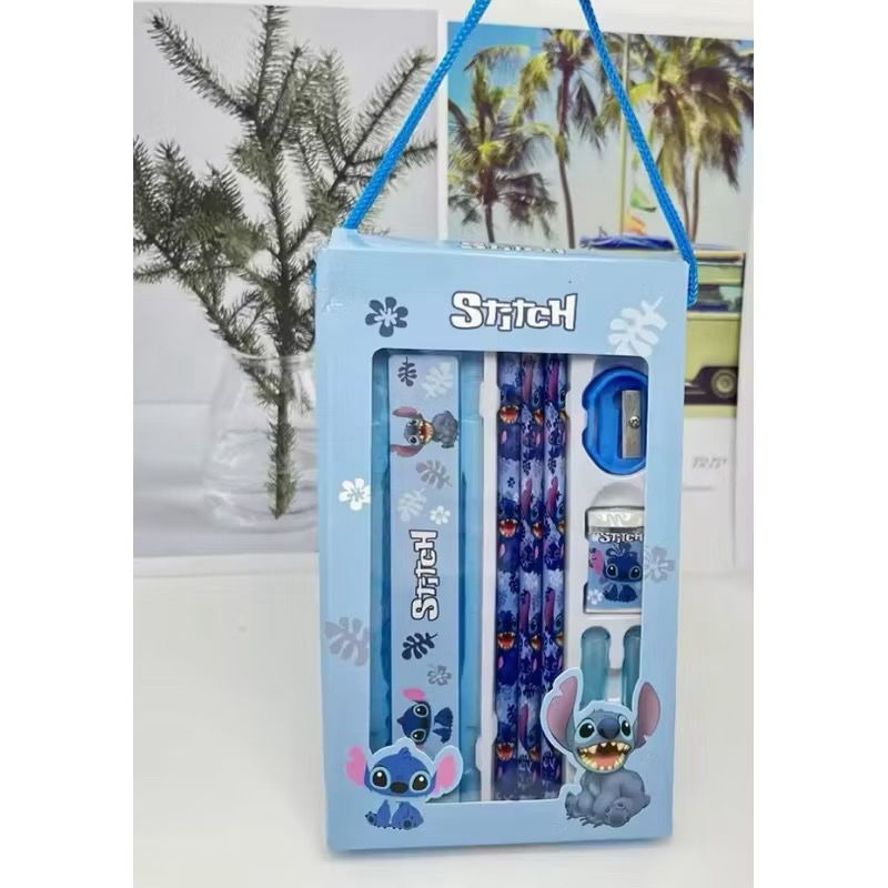 kit stitch conjunto de papelaria lápis borracha régua apontador material escolar das crianças estudo papelaria