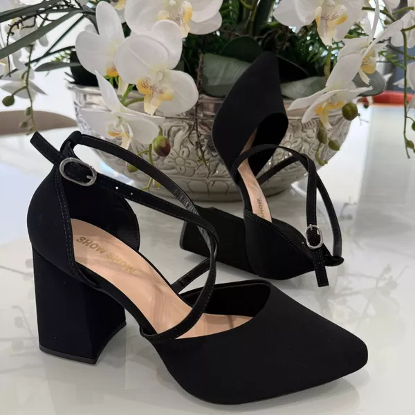 Sapato Feminino Scarpin Tiras Cruzadas Salto Alto 8 cm Grosso brilho elegante Original Show Show