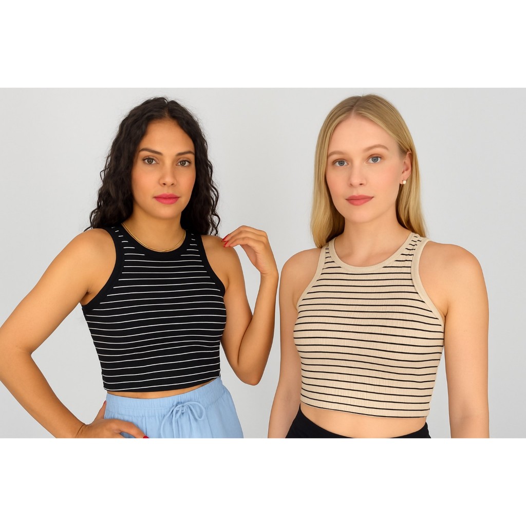KIT 5 Blusa Regata Feminina Camiseta Básica Listrada Feminina Regatinha Canelada Estilo Blusinha Básica
