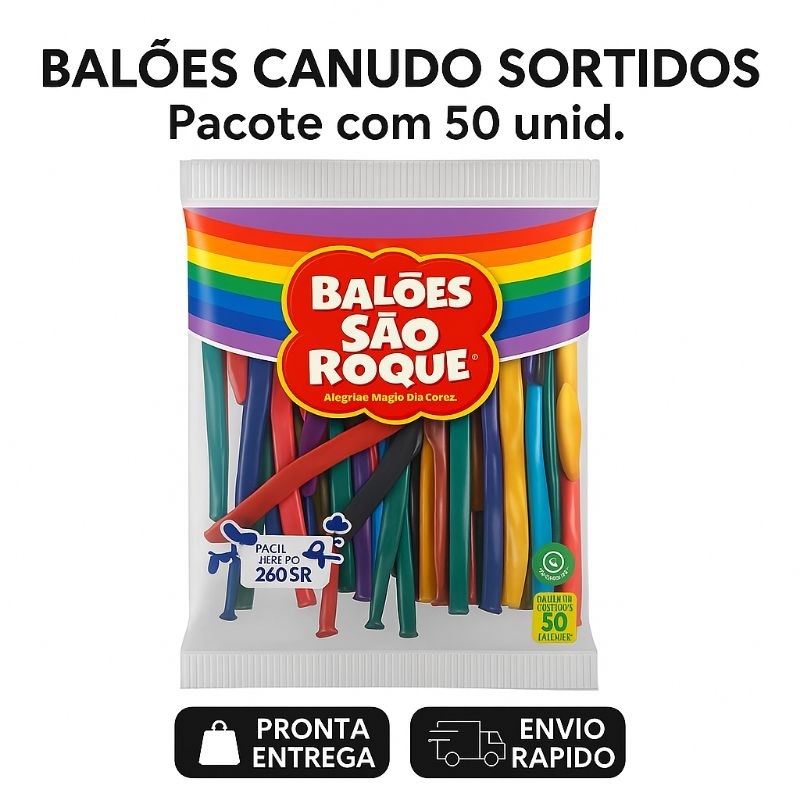 Balão Bexiga Canudo Sortido - 50 Unidades - Festa Infantil - Decoração - Aniversário