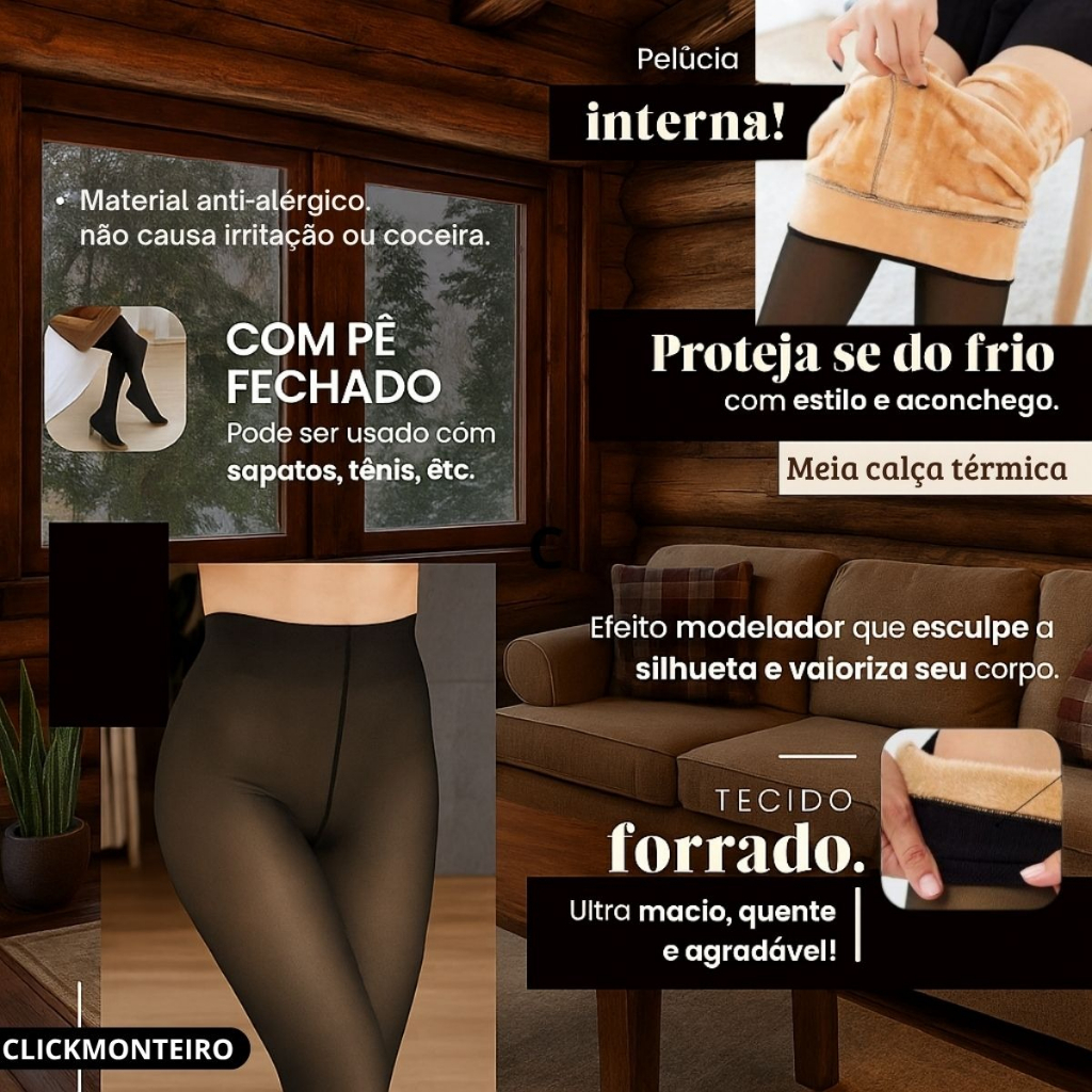 Meia Calça De Lã Térmica Translúcida Forrada Pelinho Pelúcia — imagem 2 de 2