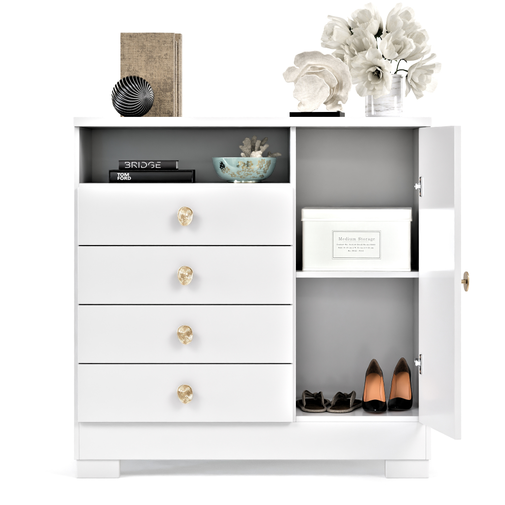 Detalhes do Cômoda Amalfi 4 Gavetas E 1 Porta Branco Com Puxador Aspiral Multiuso Para Quarto Ou Sala
