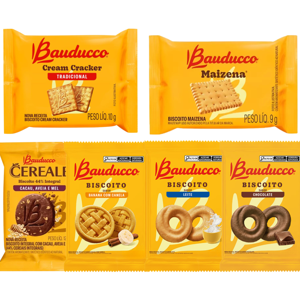 Kit 150 Biscoitos Bauducco • 5 Combos Sortidos | Chocolate, Leite, Banana, Maizena, Cracker
