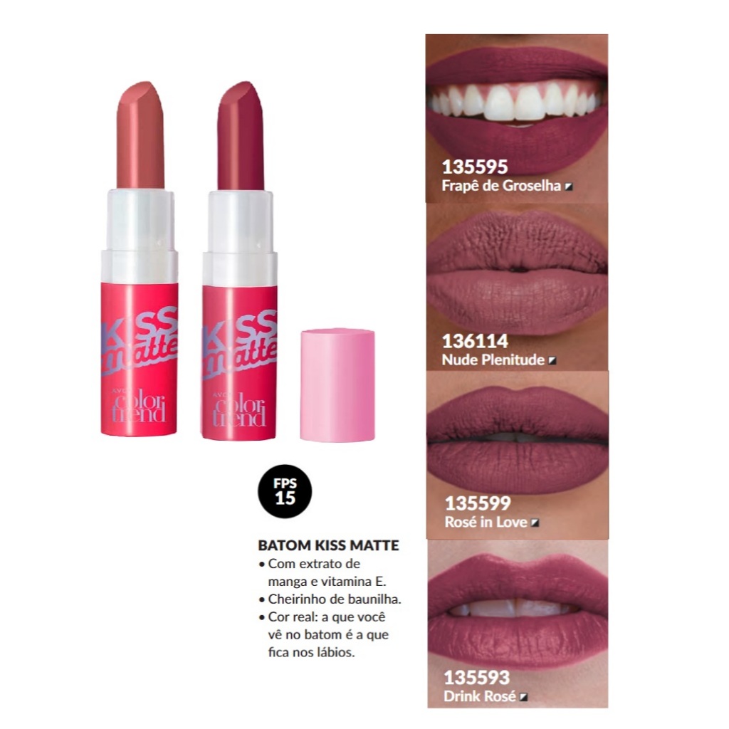 Avon Color Trend Batom Kiss Matte (Drink rosé - Frapê de groselha -  Rosé in love - Nude plenitude) em Oferta na Shopee