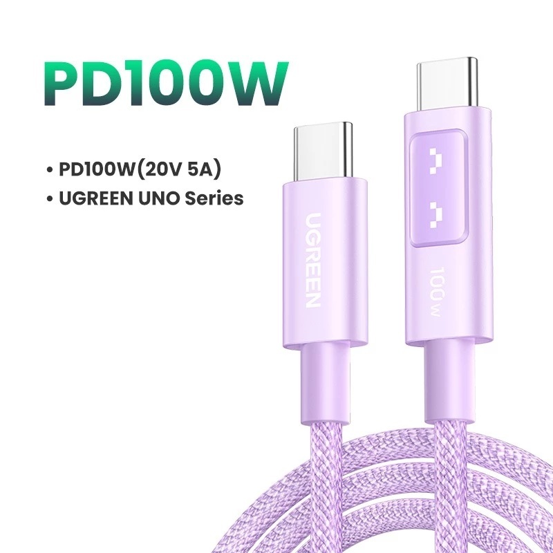 Cabo UGREEN UNO USB C p/ USB C 100W (5A/20V) Tipo C PPS Carregamento rápido PD Display LED Laptop, Tablet, Smartphone,