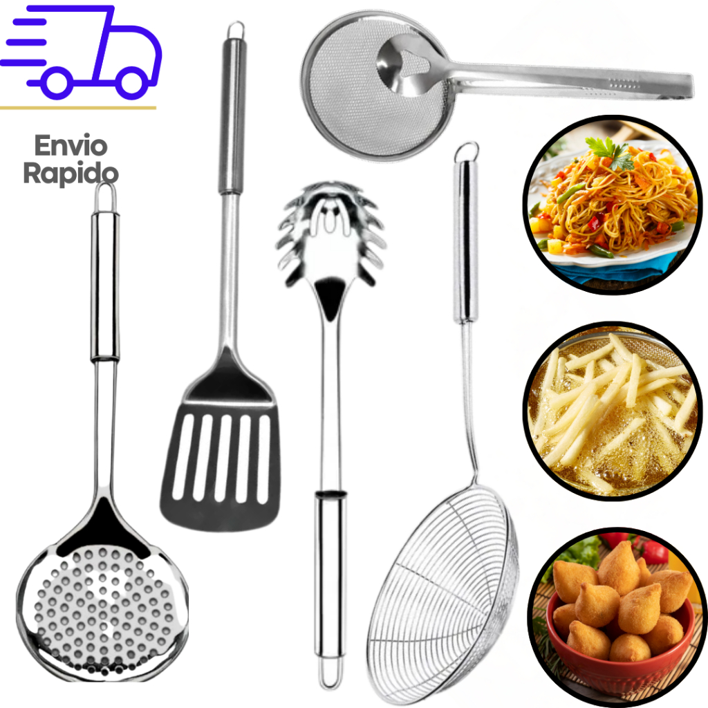 Kit 5 Utensilisos de Fritura Escumadeira, Escumadeira com pinça, Pegador de Massas e hamburguer