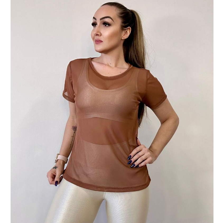 Blusa Feminina Tule Transparente De Academia Fitness Camisão Fitness