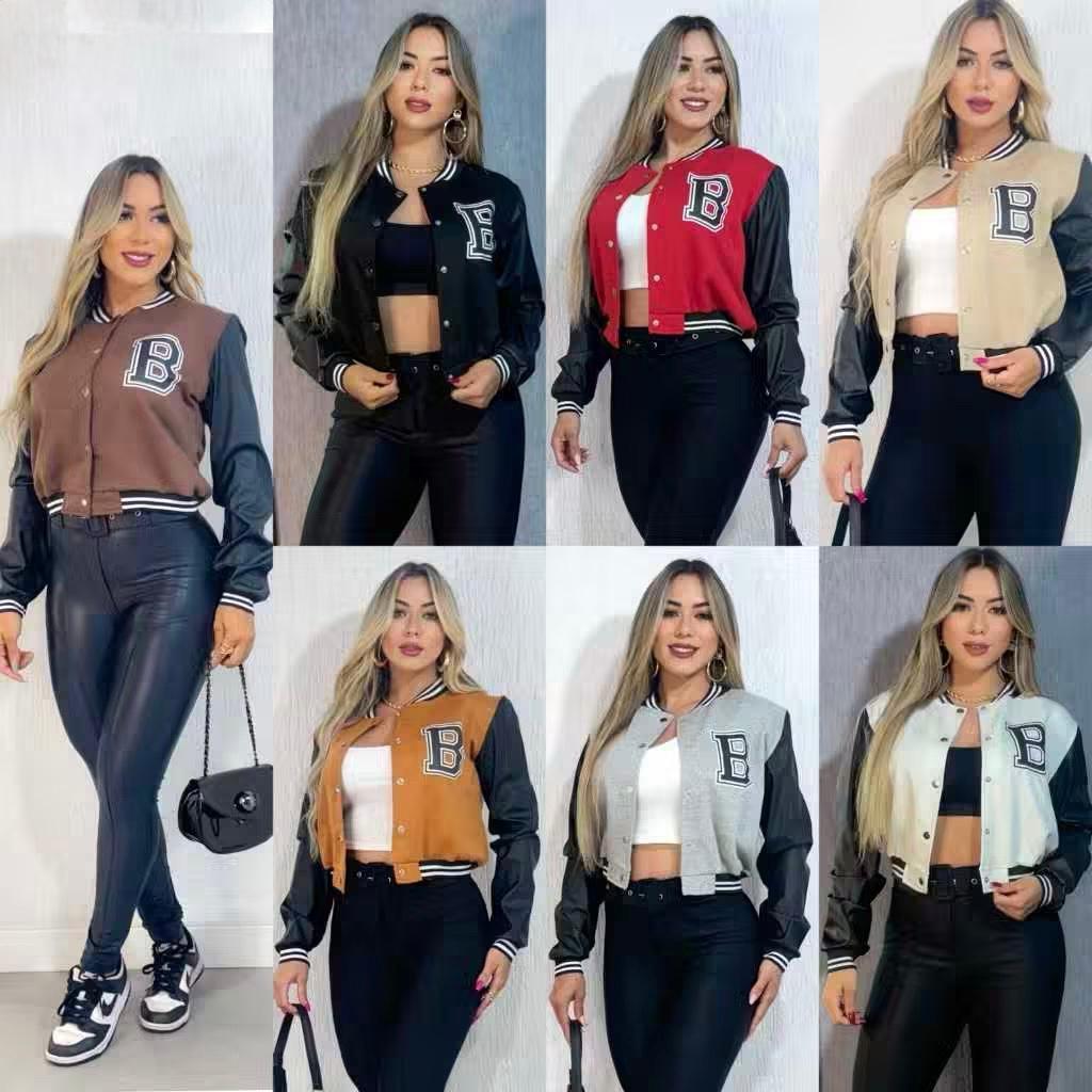 Jaqueta bomber Feminina manga couro estilo Colegial Bomber moda Blogueira Inverno.