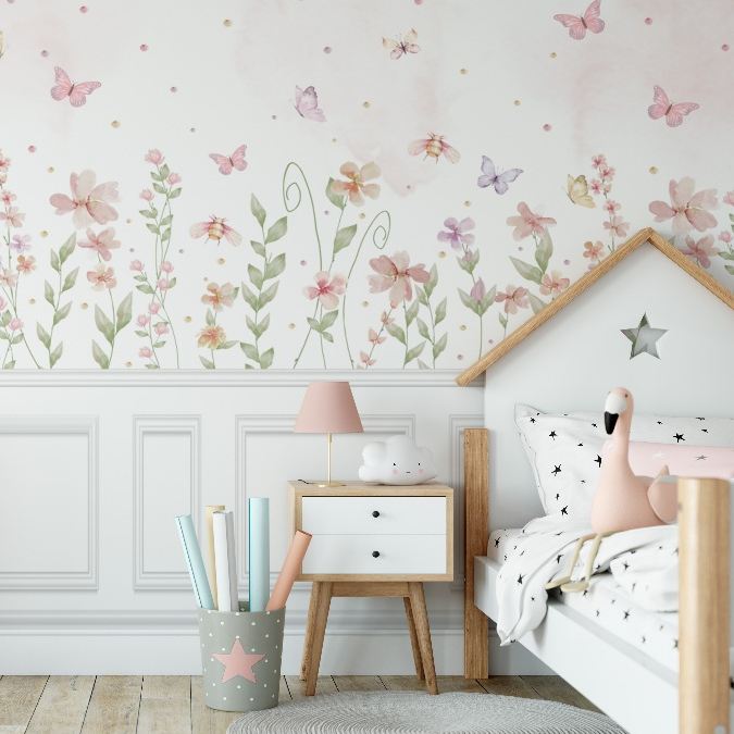 Papel de Parede Infantil Jardim Encantado Flores Borboletas Lavável Decoração Quarto Bebê ...