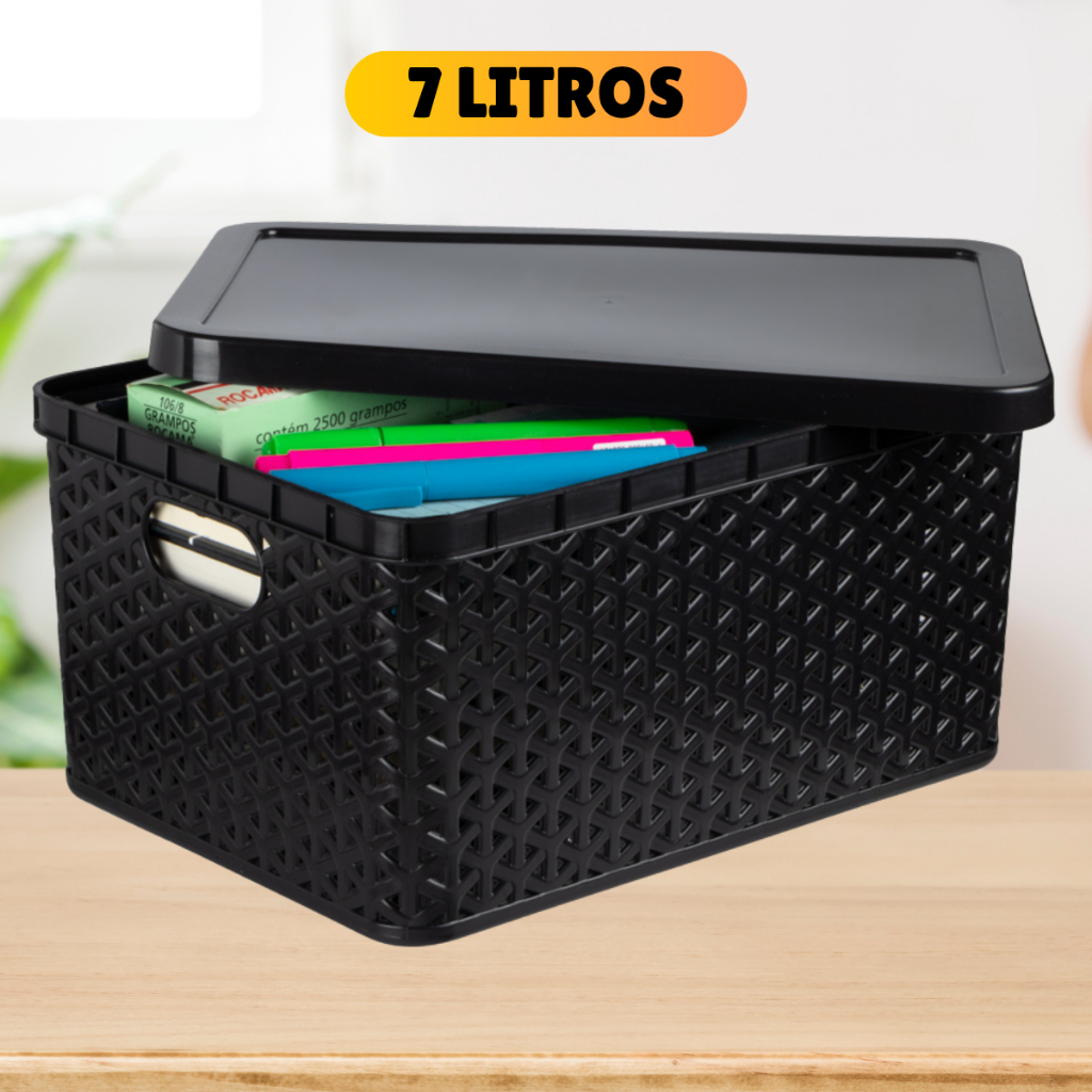 Cesto Caixa Organizadora Rattan Com Tampa 7 Litros Preto