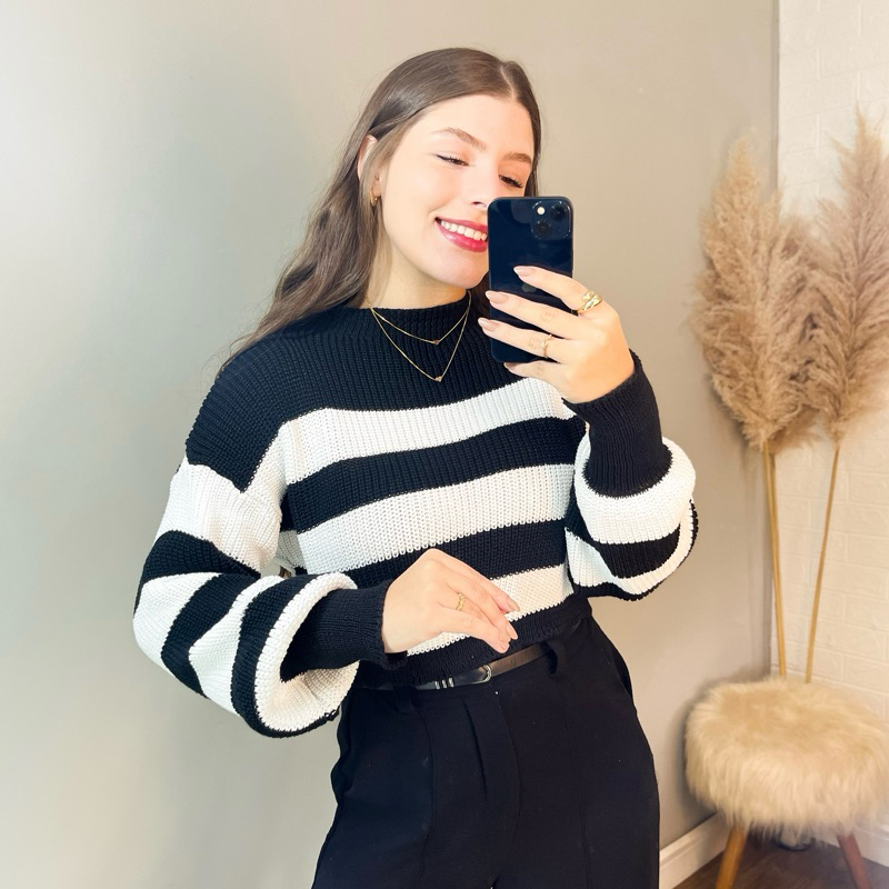 Blusa Cropped Listrada Tricot Manga Longa Bufante Feminina