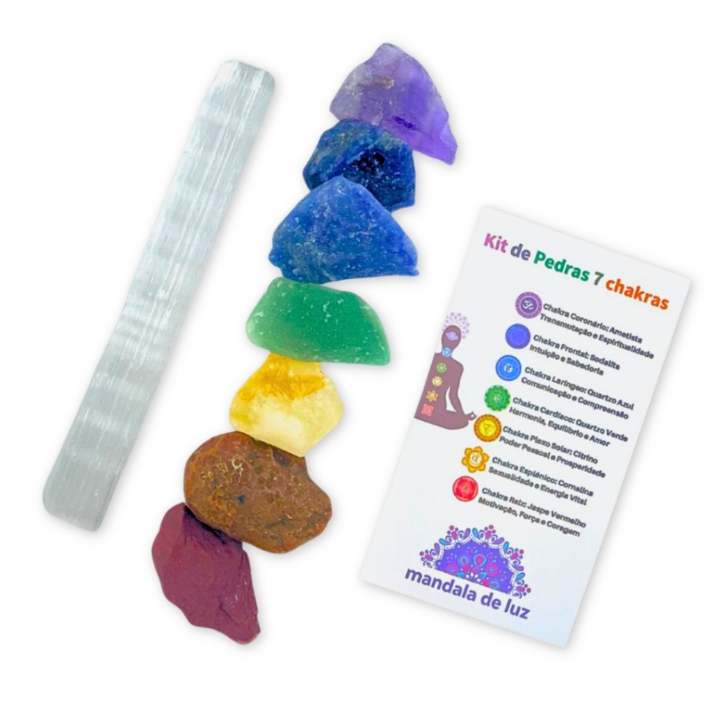 Kit Pedras Brutas Dos 7 Chakras P + Bastão De Selenita Bruto - Cristais: Jaspe Ametista Cornalina Citrino Quartz