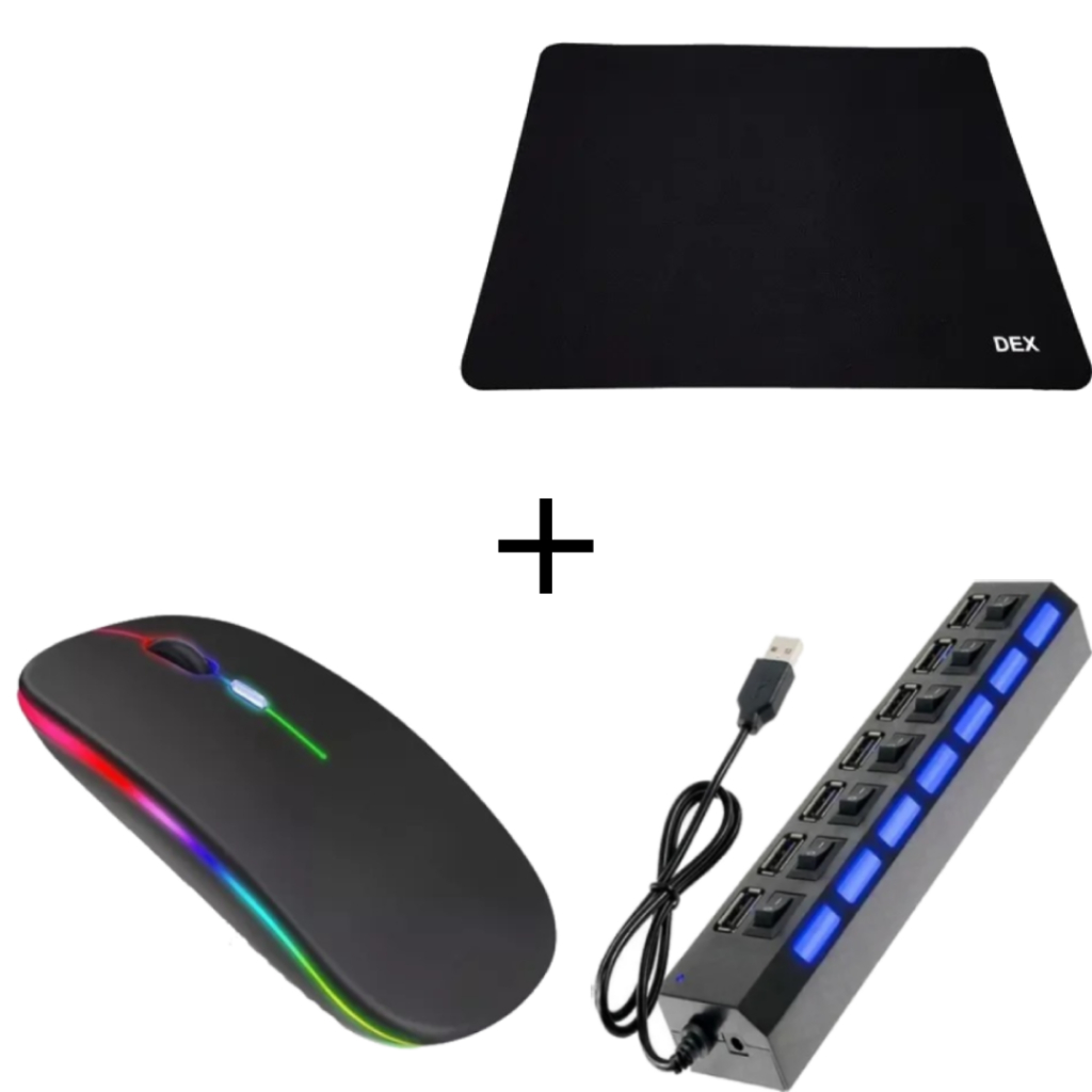 Kit Mouse Sem Fio Recarregável Led Rgb Ergonômico e Mouse Pad Gamer Hub Usb 2.0 Com 7 Portas Switch