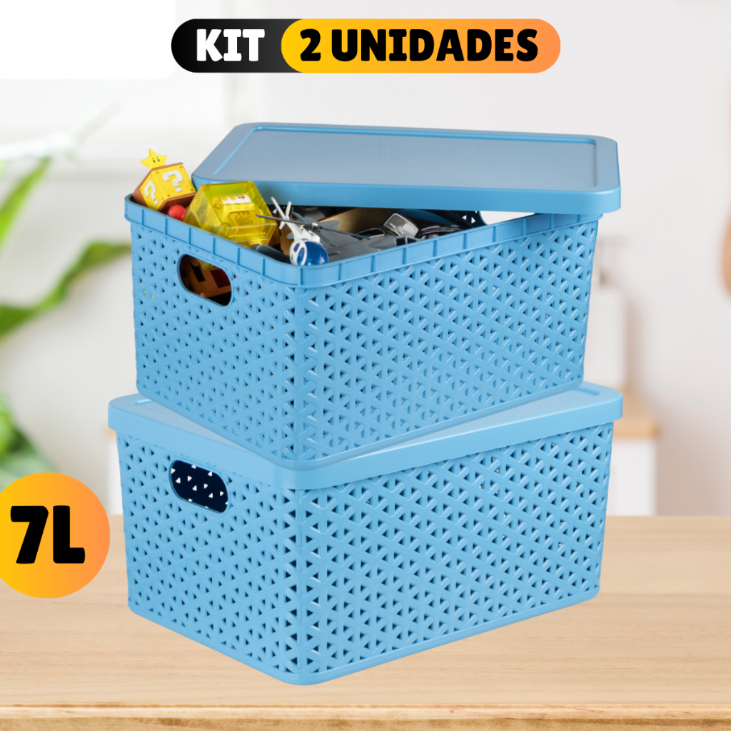 Kit Com 2 Cesto Caixa Organizadora Rattan Com Tampa 7 Litros Preto Multiuso