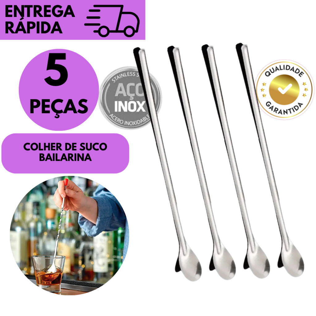 Kits 5/4/3 ou 2 Colher Bailarina Longa Inox p/Suco Coquetel Drinks Misturador Bar 30cm Profissional