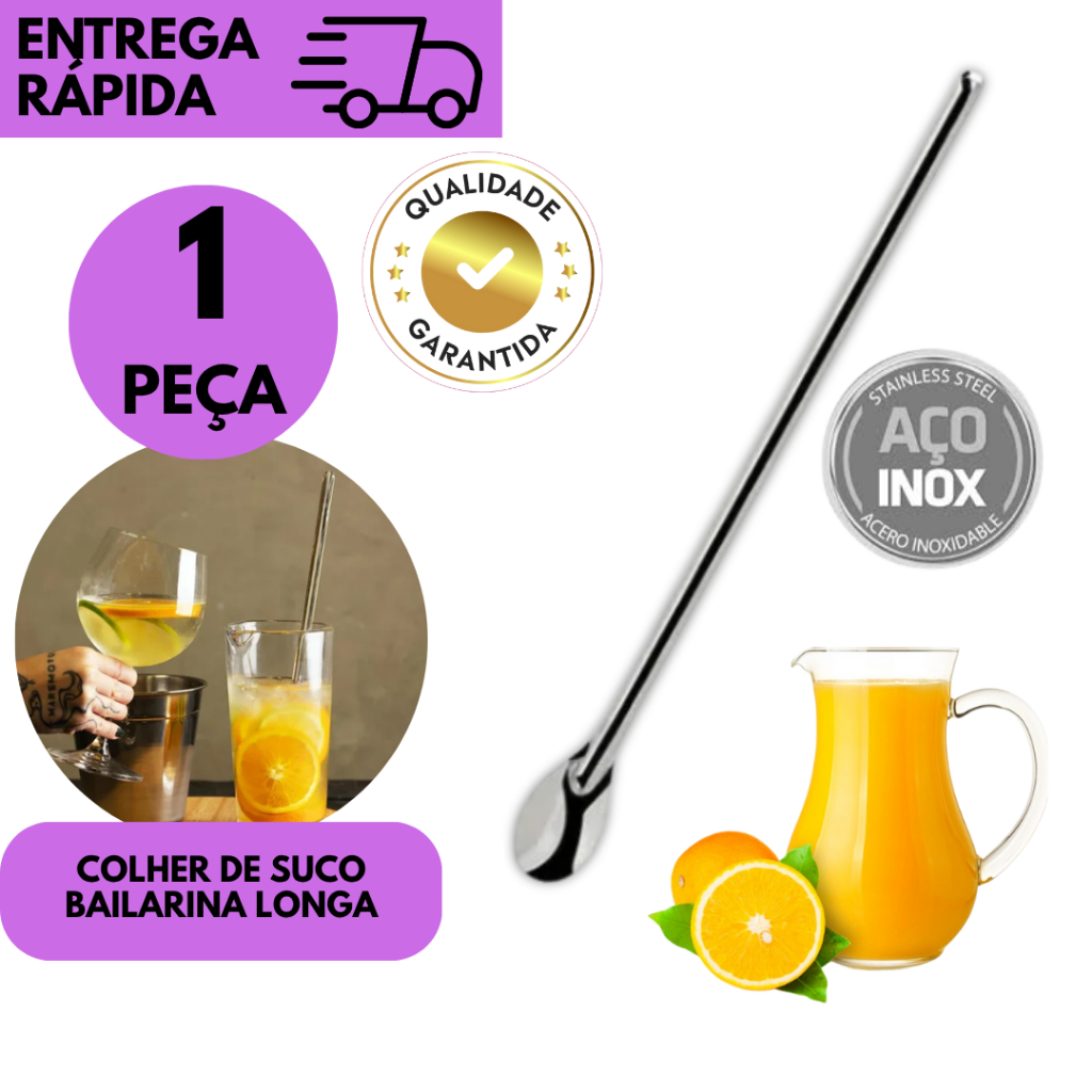 Colher Bailarina Longa Inox Para Suco Coquetel Drinks Misturador Bar 30cm Profissional