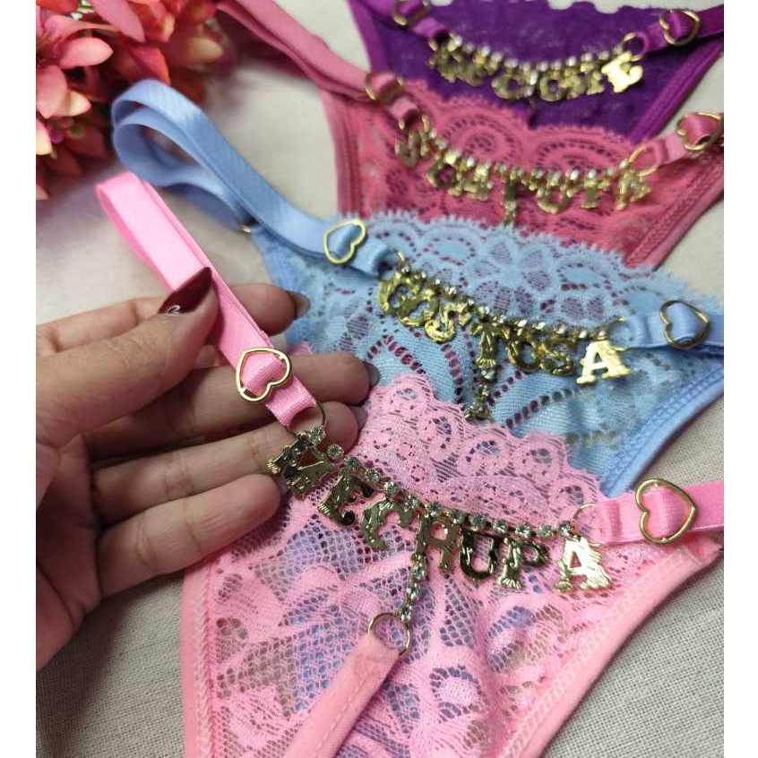 Calcinha fio dental regulável palavra strass sexy em Oferta na Shopee