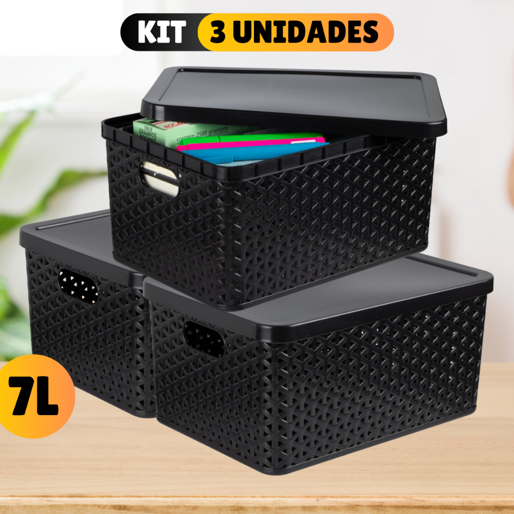 Kit Com 3 - Cesto Caixa Organizadora Rattan Com Tampa - 7 Litros - Preto em Oferta na Shopee