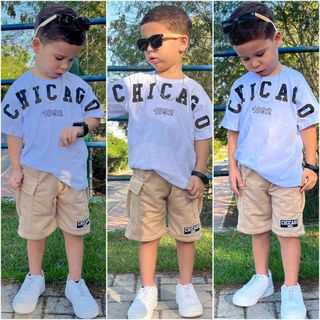 Conjunto de menino infantil bermuda e camisa de verão juvenil roupa de criança blusa shor…