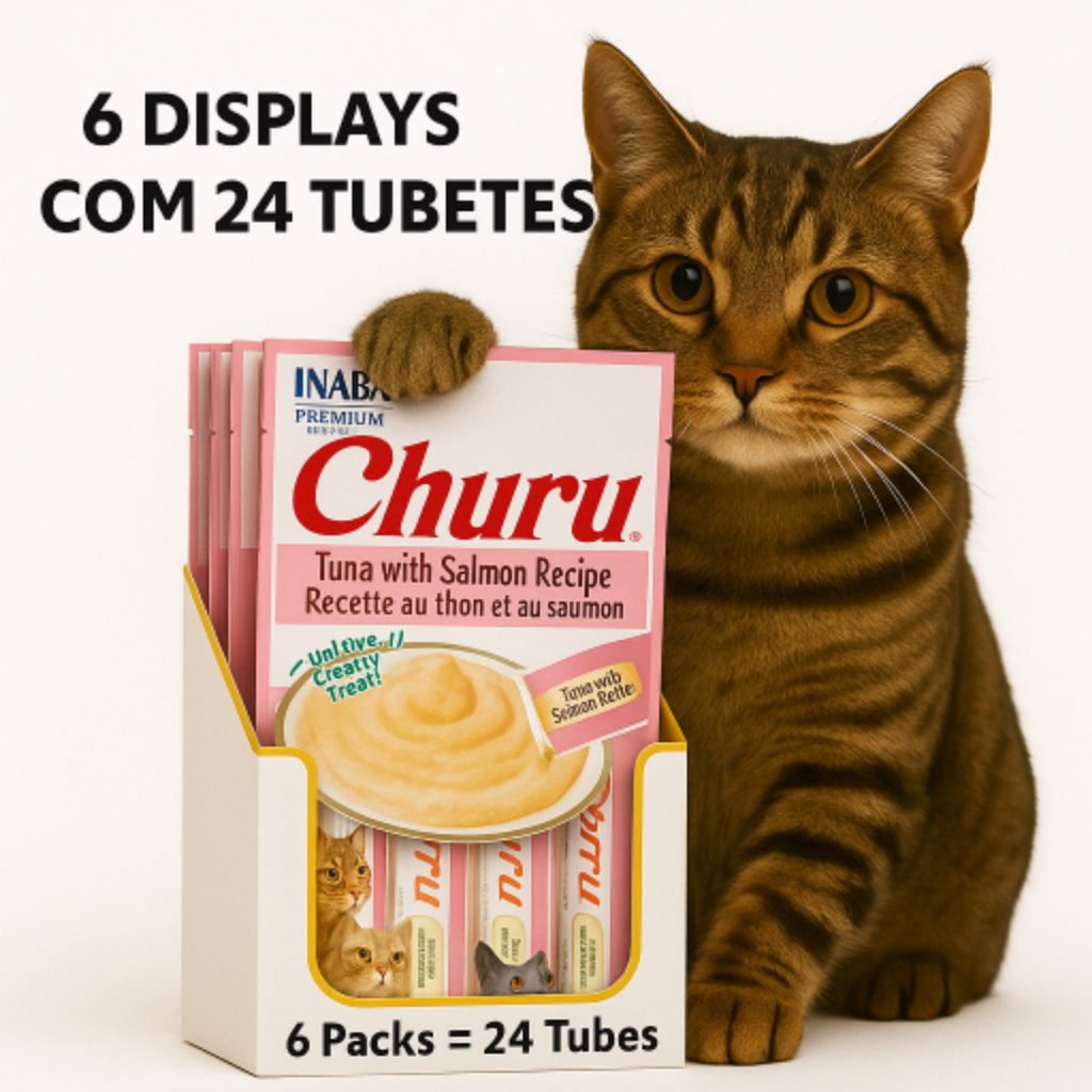 churu para gatos kit 6 display 24 tubetes petisco churu gato atum e salmão