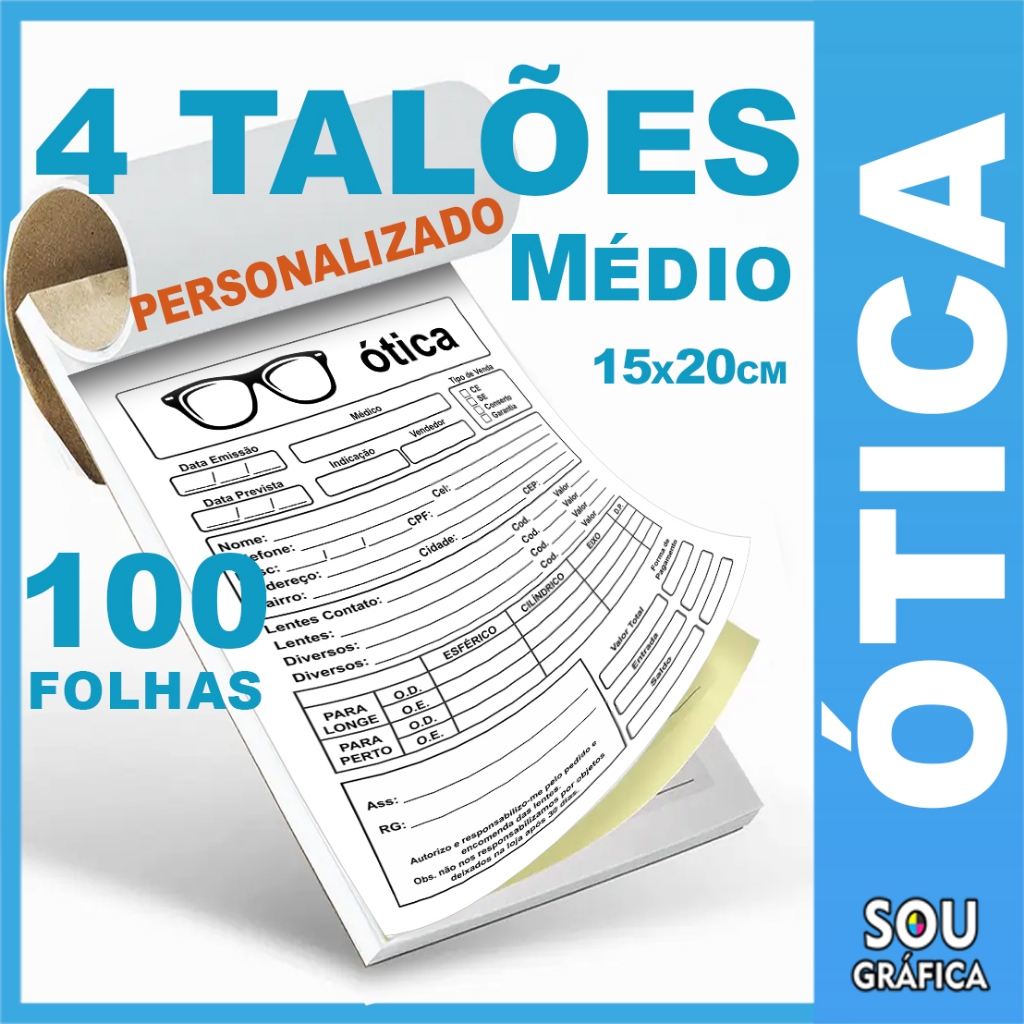 4 Talão Ótica, Personalizado Médio, com seus dados no cabeçalho - 100 Folhas - 1 ou 2 Vias em Oferta na Shopee