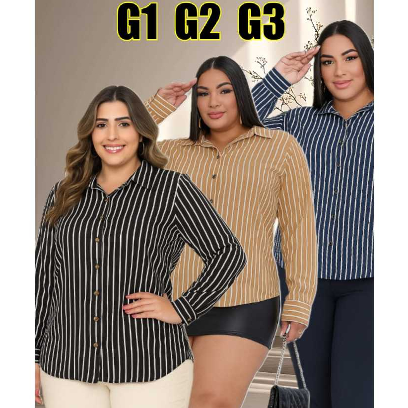 Camisa femenina comprido listrada moda plus size G1G2G3 elegante no tecido duna e crepinho em Oferta na Shopee