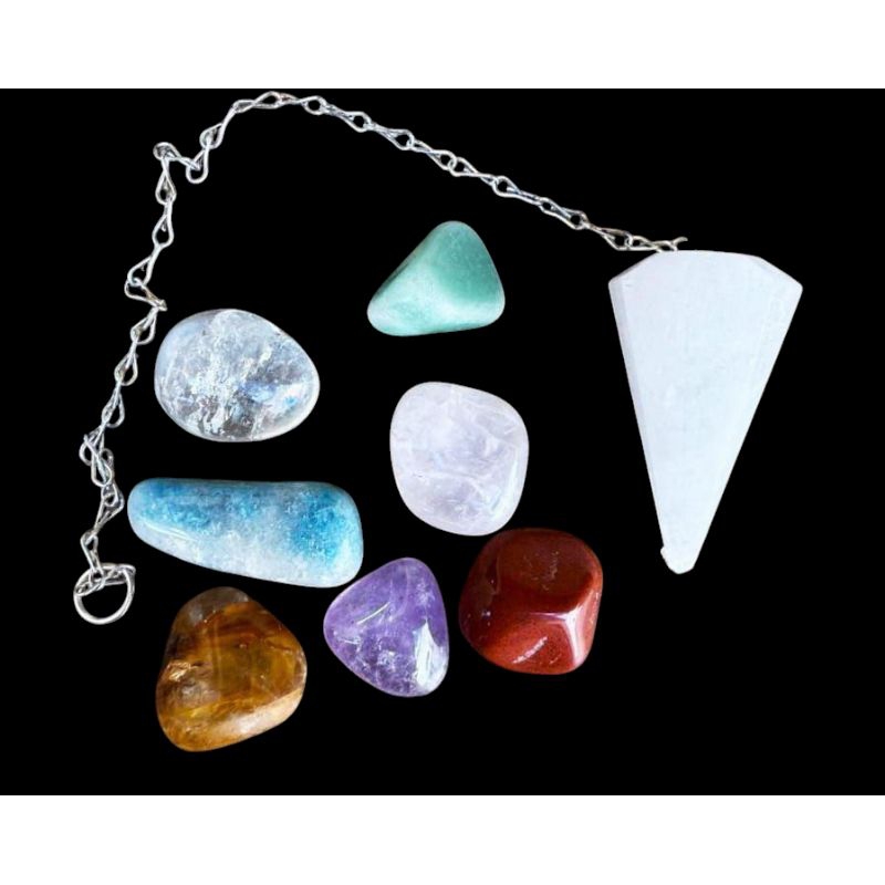 pêndulos quartzo cristal leitoso jaspe vermelho quartzo azul 7 pedras roladas