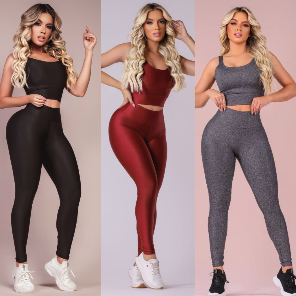 3 CONJUNTOS FITNESS FEMININO LEGGING E TOP - CONJUNTO ACADEMIA SEM TRANSPARÊNCIA em Oferta na Shopee