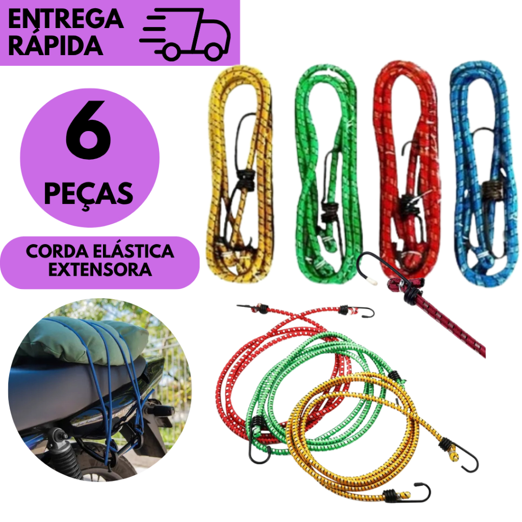 Kits 6/4/3 ou 2 Extensor Elástico Com Ganchos P/Amarrar Carga Moto Carro Bagageiro Reforçado 1,5 Mts