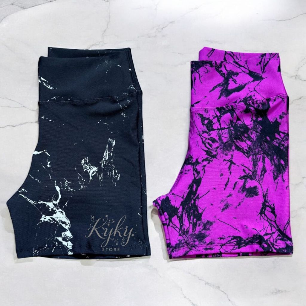 Kit 2 Shorts Cintura Alta Marmorizado Tie Dye Suplex Roupa Academia Fitness Zero Transparência