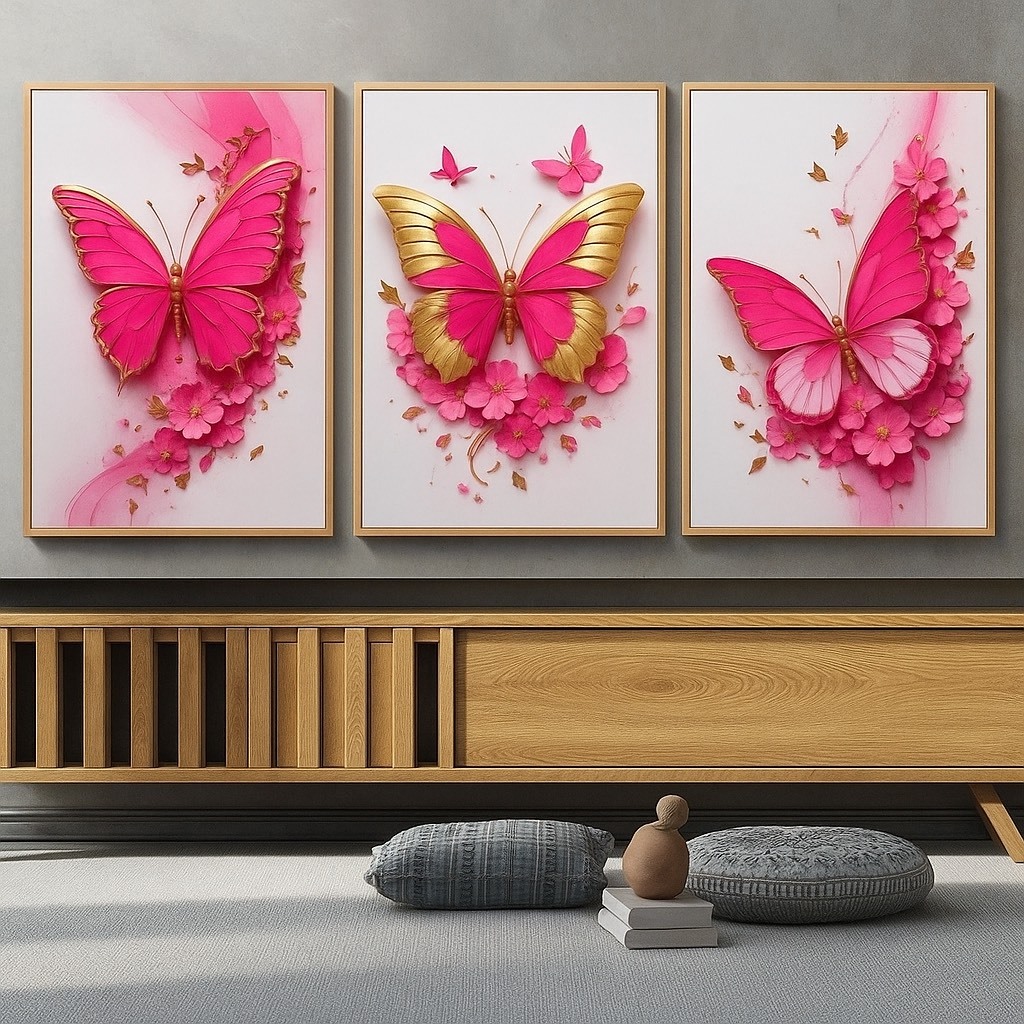 Kit 3 Quadros Decorativos Borboletas Rosas Pink Luxo 3D para Sala Quarto Parede Moderna MDF em Oferta na Shopee