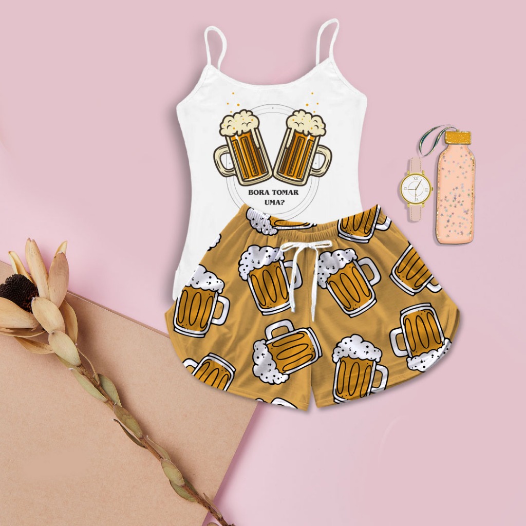 Pijama Baby Doll Feminino Adulto Vamos Tomar Uma