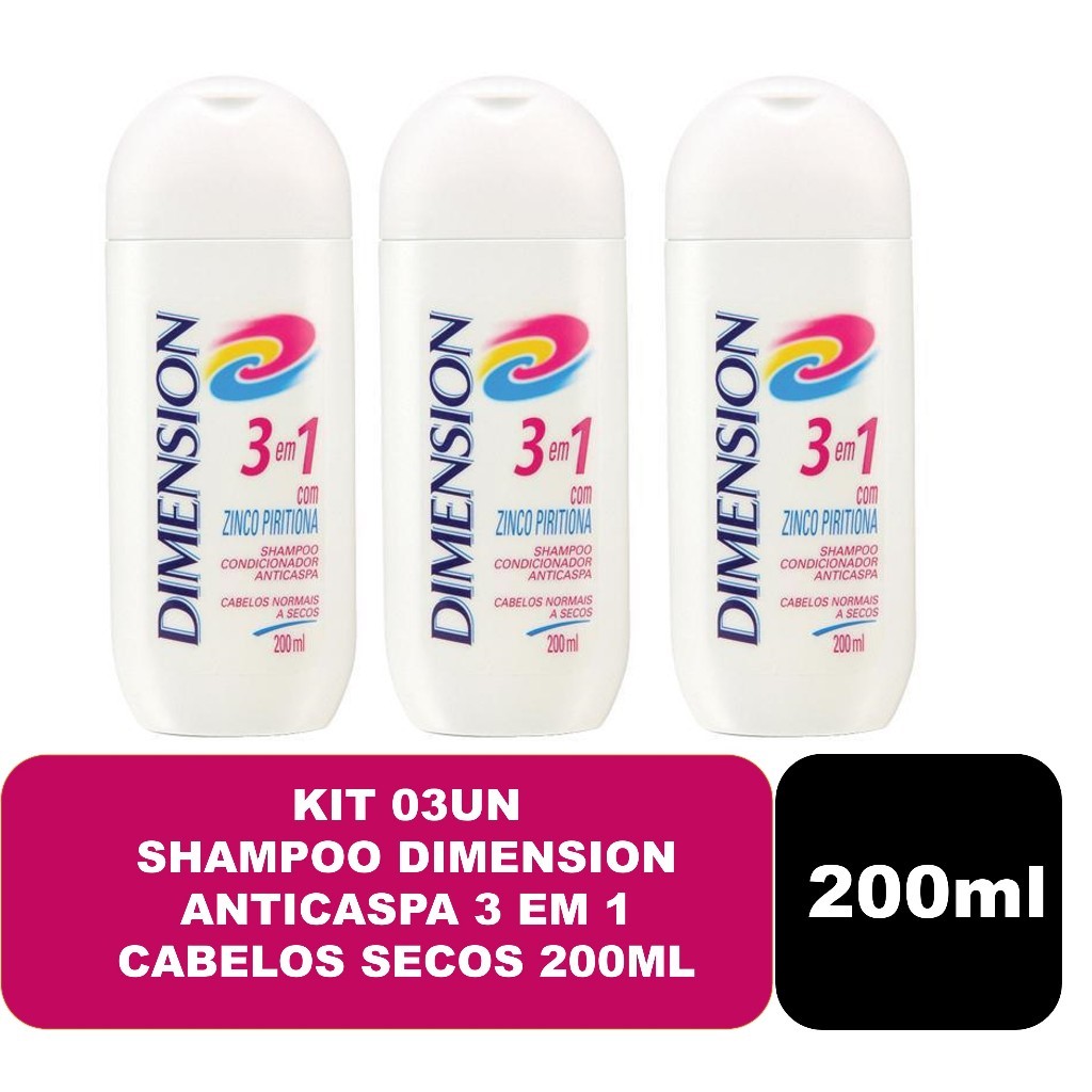 Kit 03un Shampoo Dimension Anticaspa 3 Em 1 Cabelos Secos 200ml