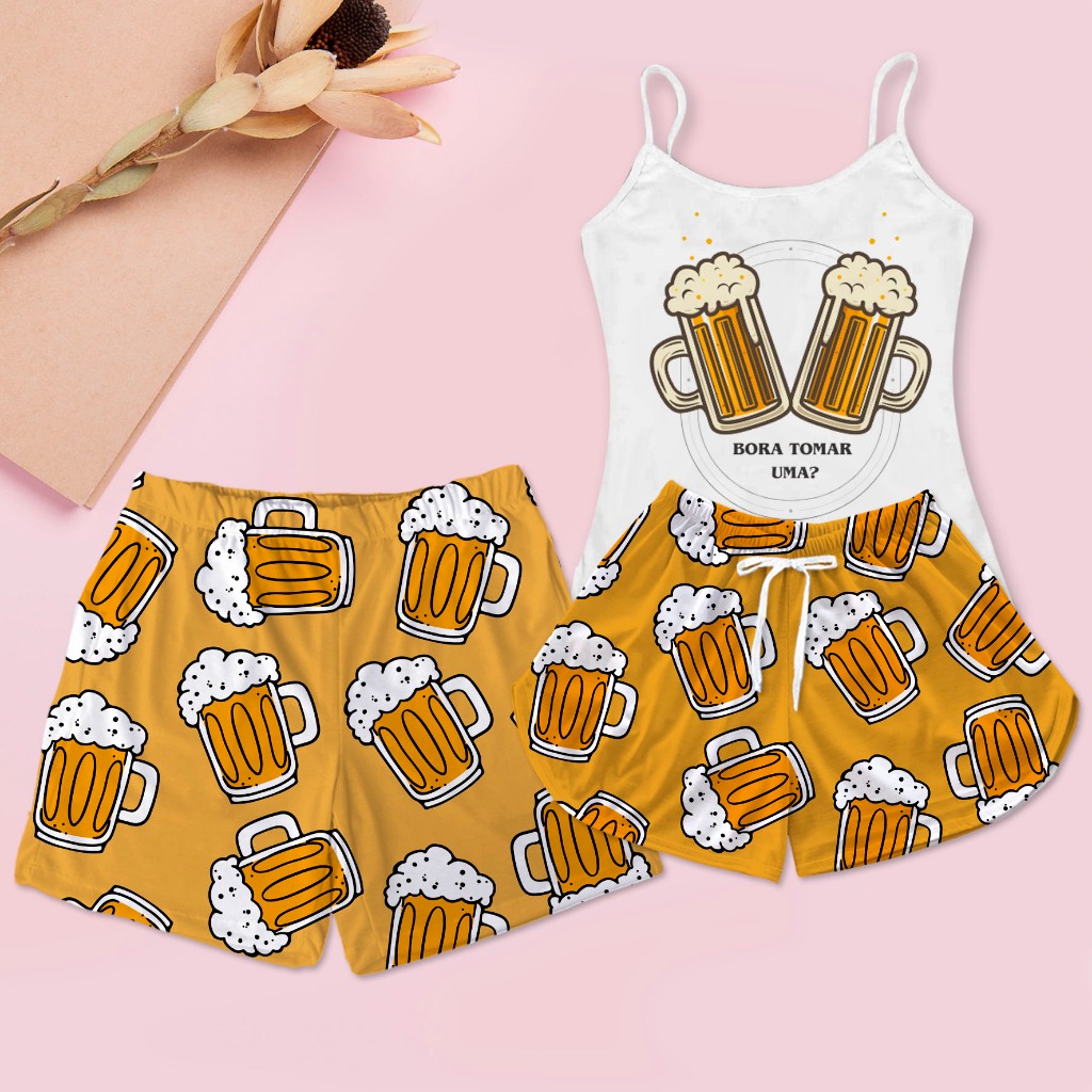 Kit Pijama Casal Baby Doll Estampa Bora Tomar Uma + Samba Canção Masculino