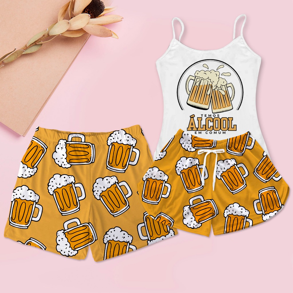 Kit Pijama Casal Baby Doll Estampa Temos Álcool Em Comum + Samba Canção Masculino