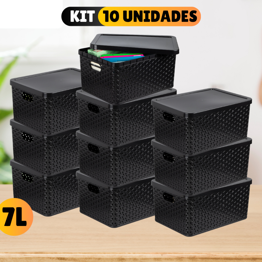 Kit Com 10 Cesto Caixa Organizadora Rattan Com Tampa  7 Litros Preto