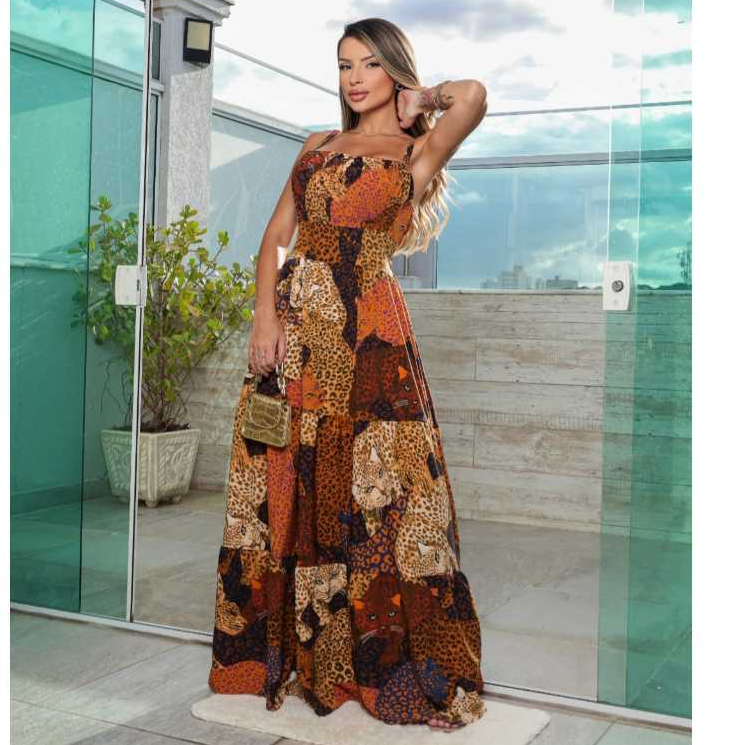 VESTDO LONGO FEMENINO ESTAMPADO LEOPARDO FRENTE PLISADO TAMANHOS M G