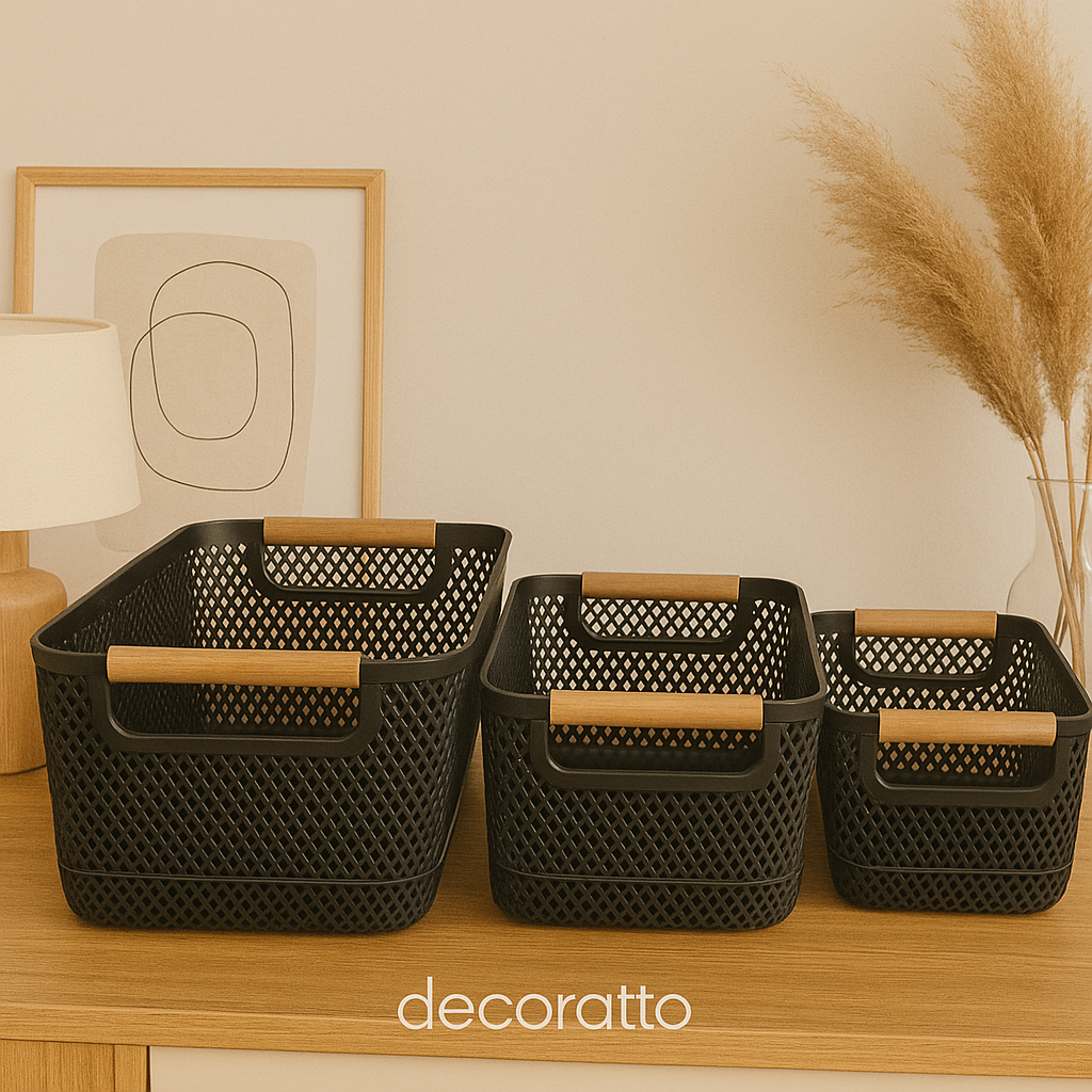 Cesto Organizador Decorativo Multiuso Plástico Alça de Bambu - Banheiro, Quarto, Escritório, Cozinha em Oferta na Shopee