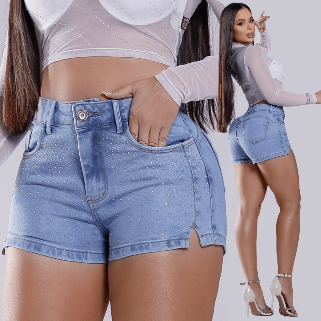 Short Jeans Feminino com Elastano Lycra Strass Brilho Cintura Alta Empina Bumbum 36 ao 46 plus size em Oferta na Shopee