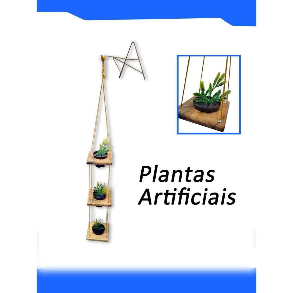 Jardineira suspensa de madeira com 3 vasos de plantas artificial para parede da sala decoração artes