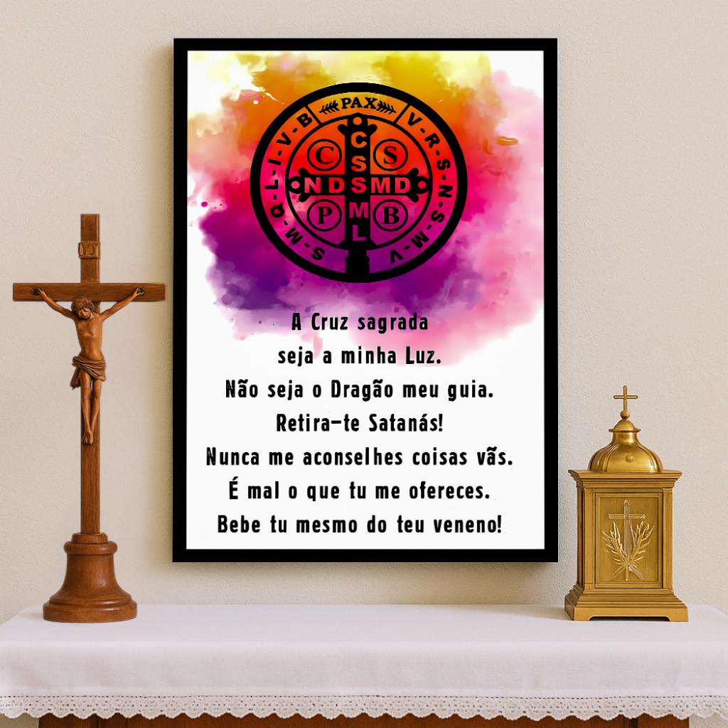 Quadro Decorativo Religioso Oração Medalha Cruz de São Bento Para Sala Escritório Sala Religiosa